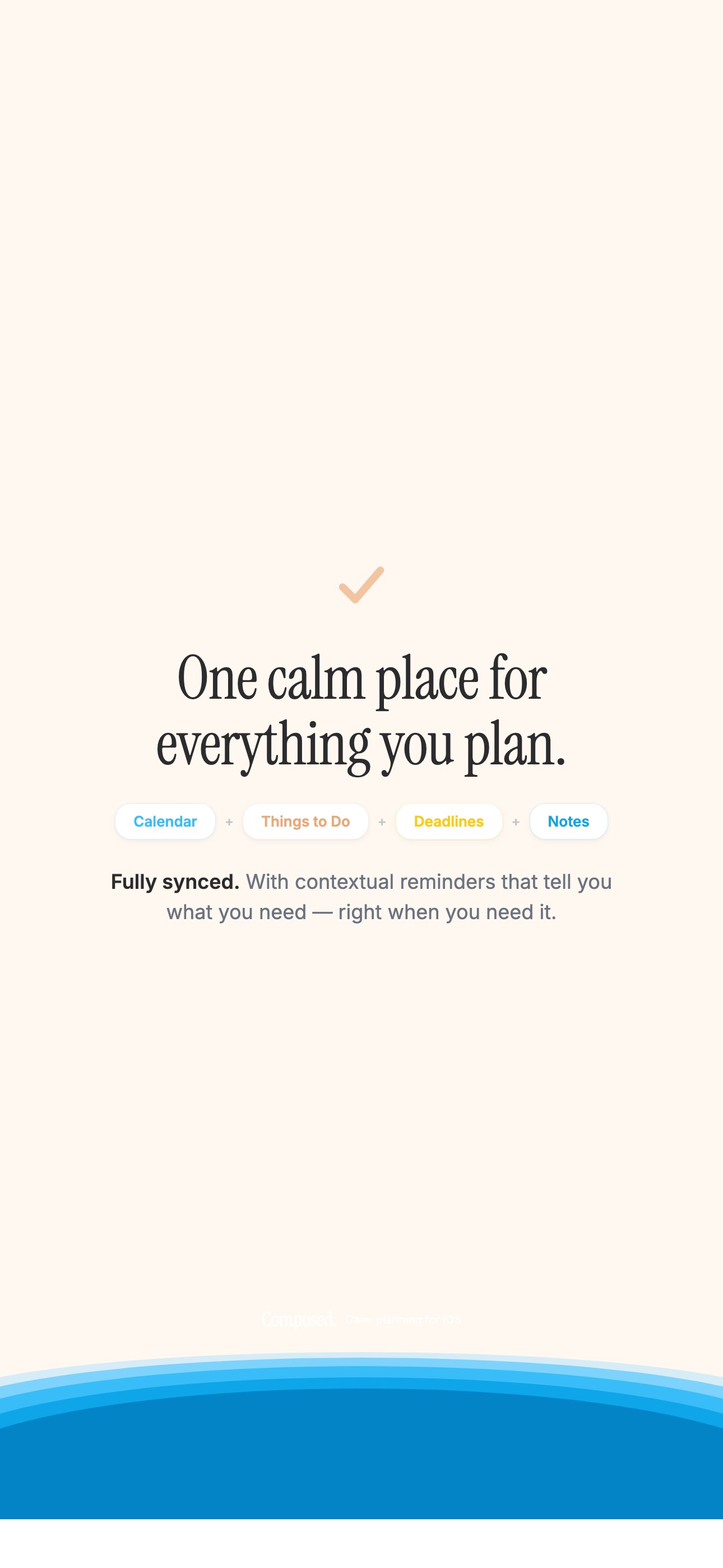 Composed calm-philosophy app screen on iPhone — the minimal-statement design that contains no red, no exclamation points, no urgency framing