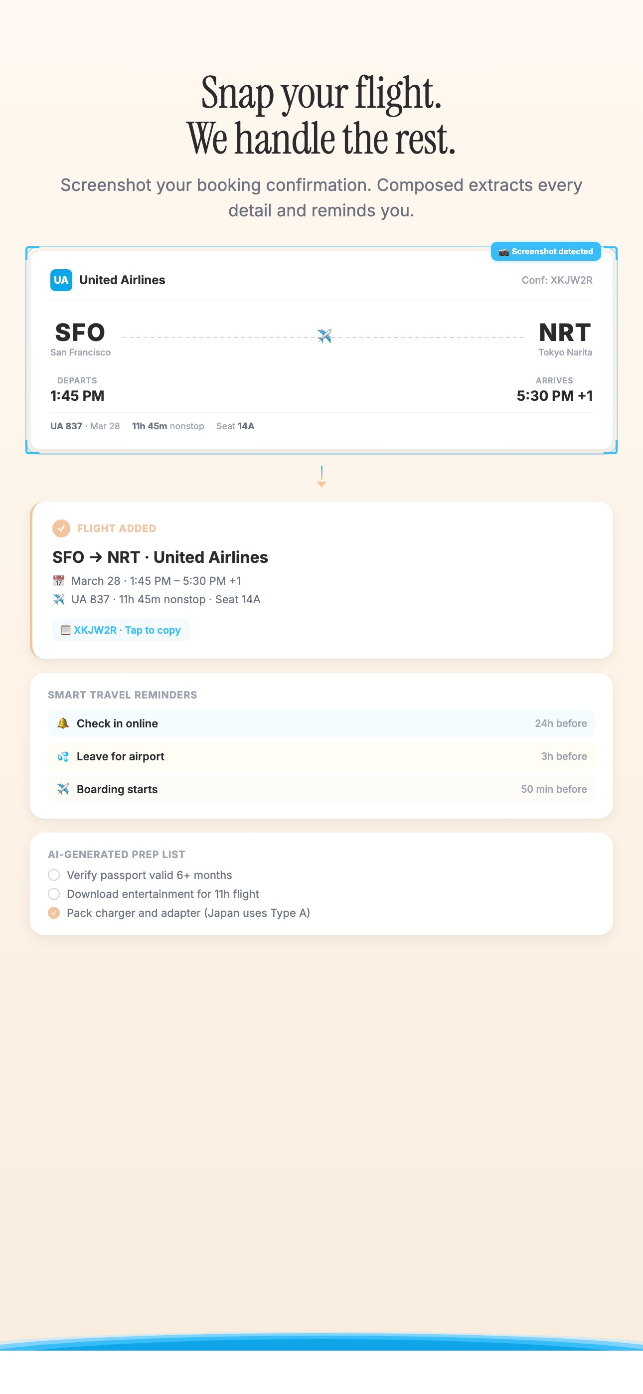 Composed Flight Intelligence on iPhone — a parsed flight with airline, route, and timeline built from a confirmation screenshot