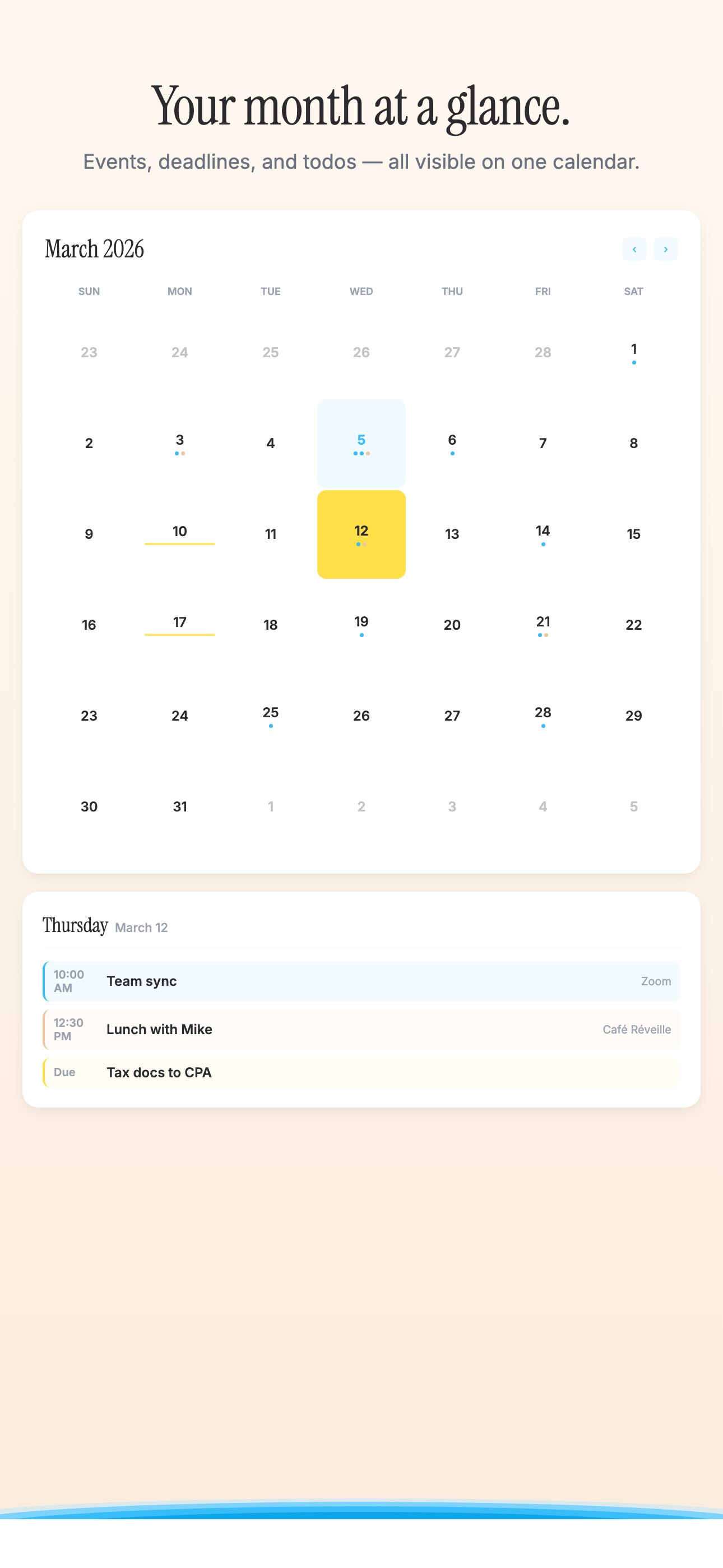 Composed Month view on iPhone — calm typography, gentle event chips, no red labels