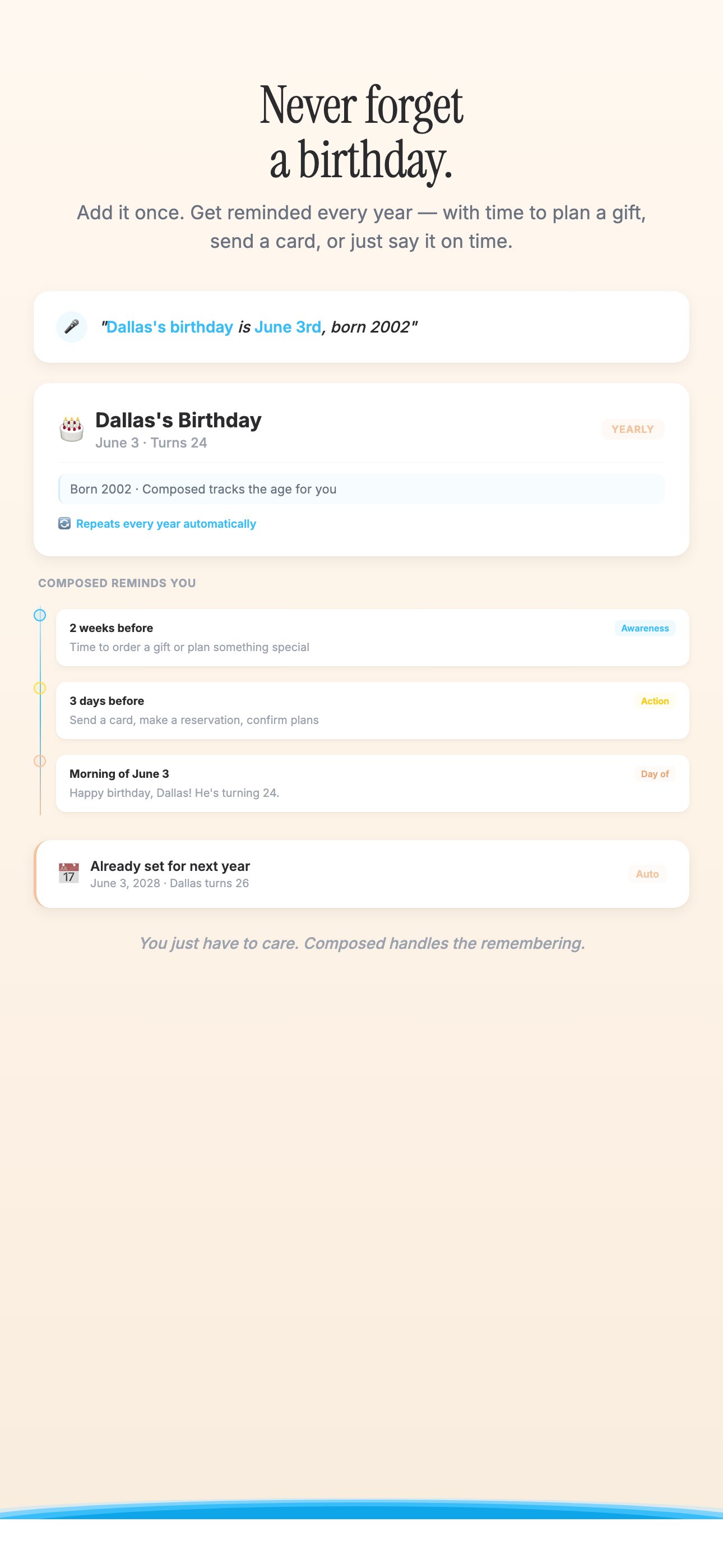 Composed Occasions card on iPhone — birthdays and anniversaries in their own calm row separate from the obligation timeline