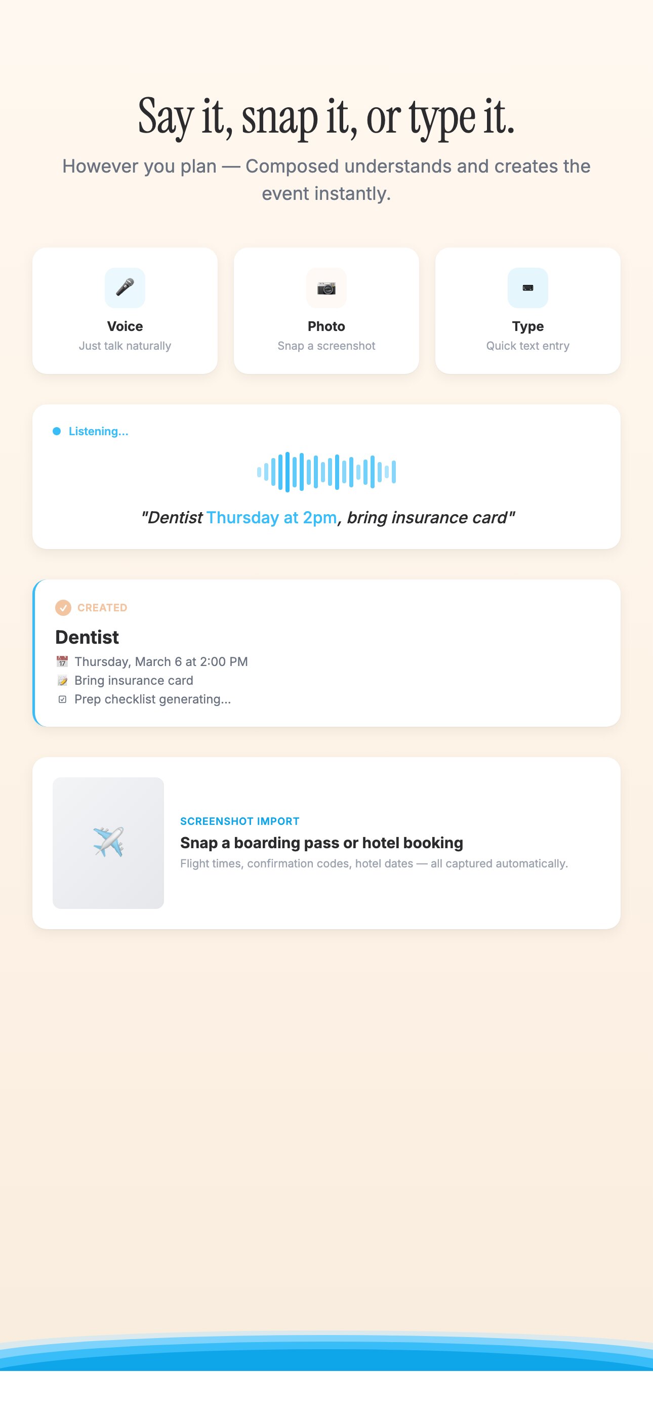Composed voice and photo input screen on iPhone — a calm microphone interface for adding events without typing