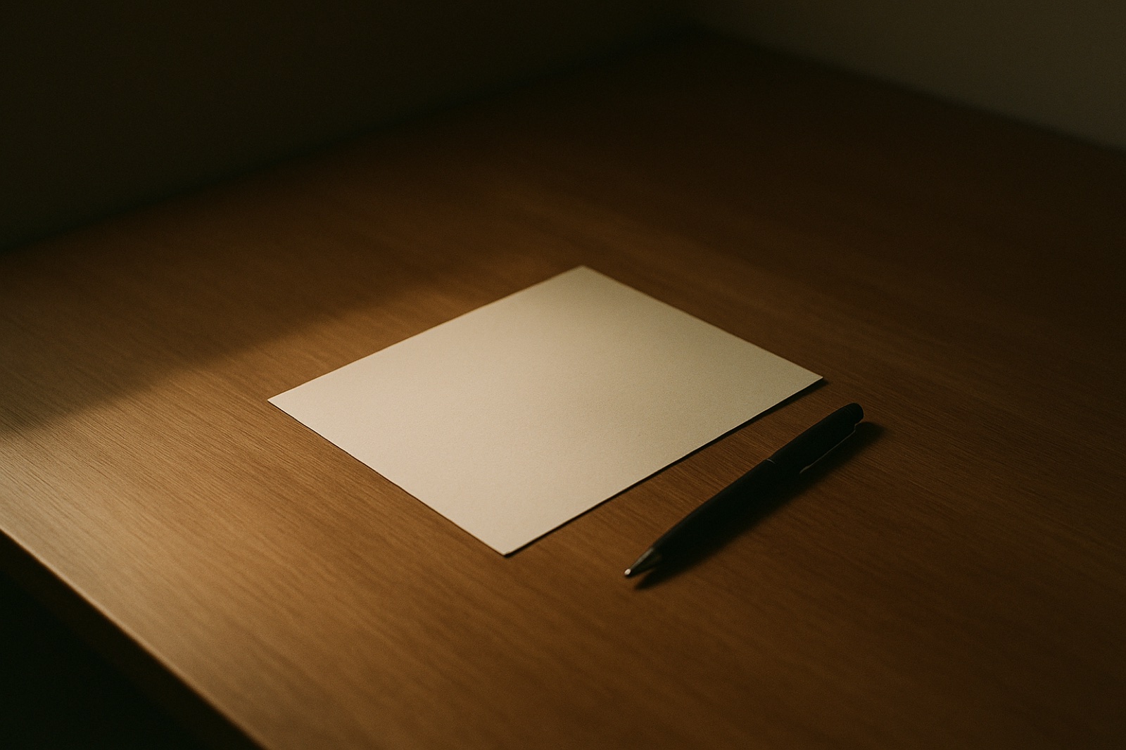A single clean sheet of cream paper on a warm desk — the calm of a clear answer