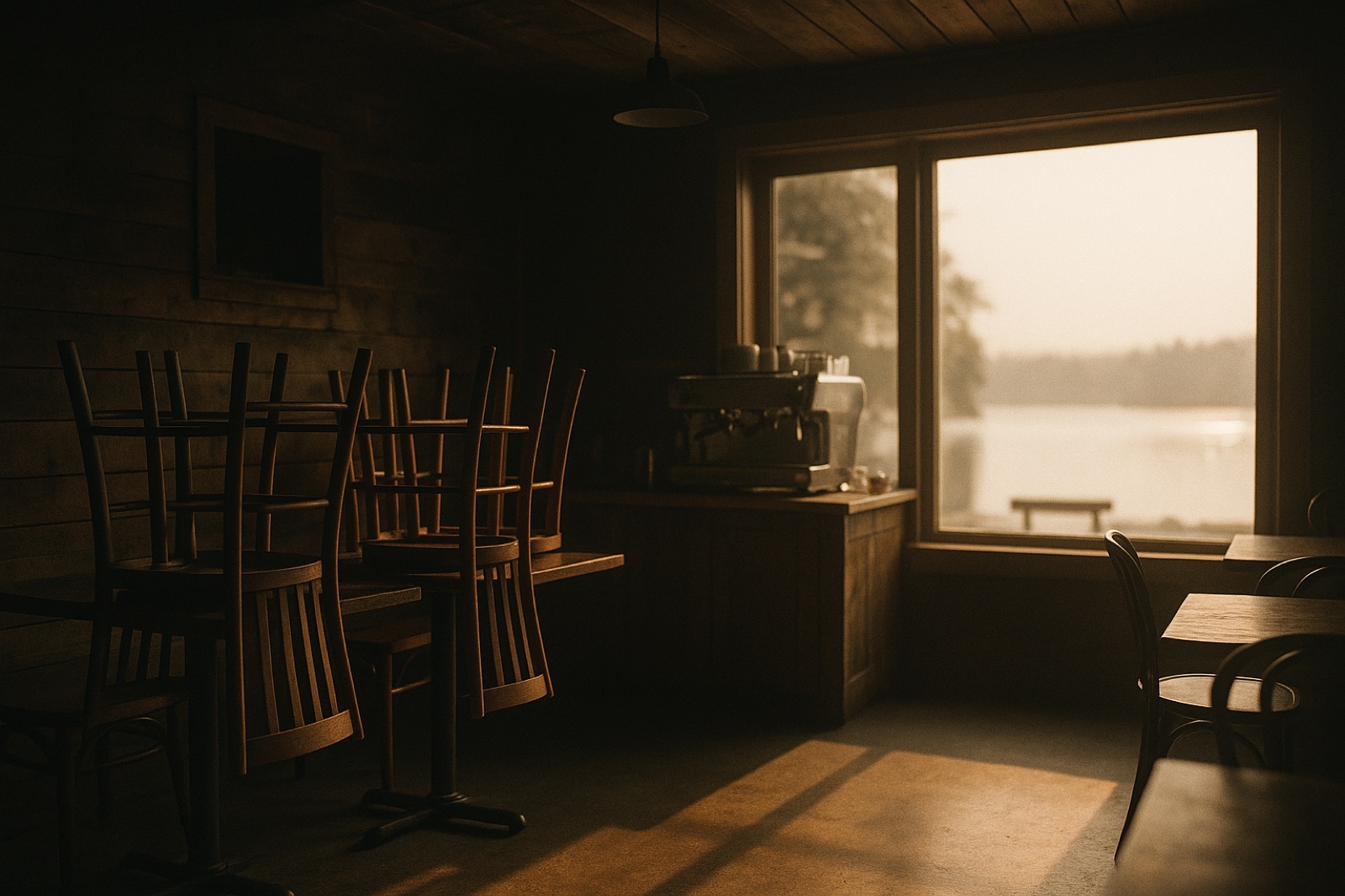 The inside of a small artisan cafe at first light, before opening, sun on the floor