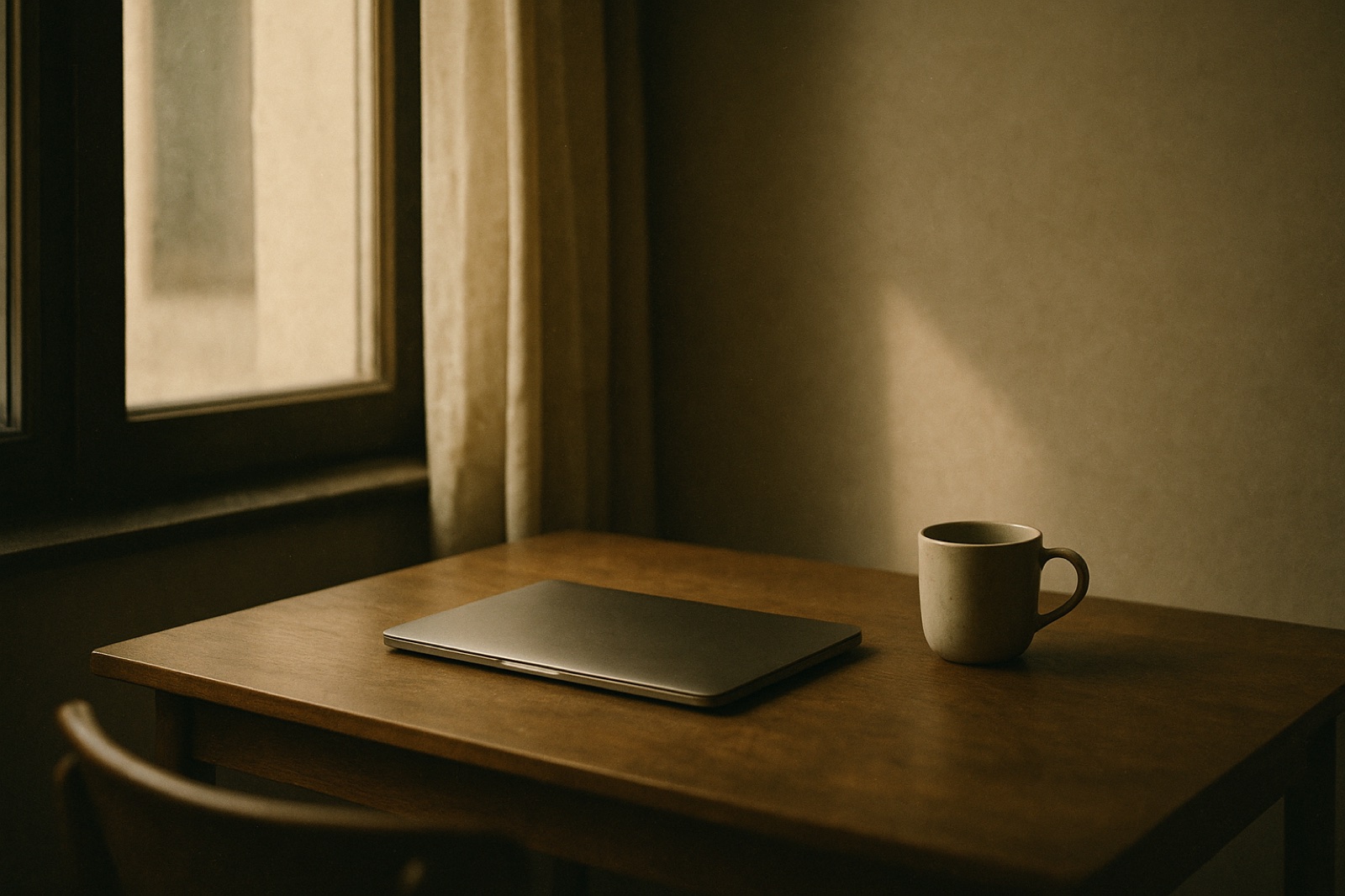 A writing desk, the laptop at rest