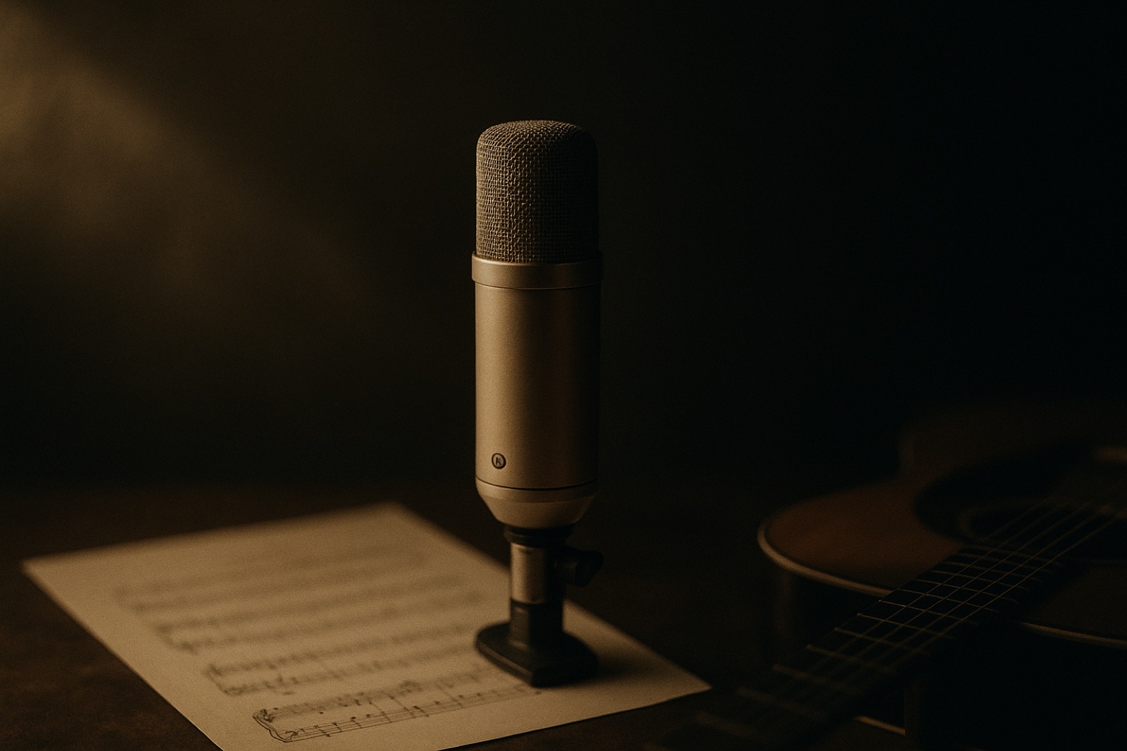 A vintage condenser microphone in a pool of warm light against deep shadow