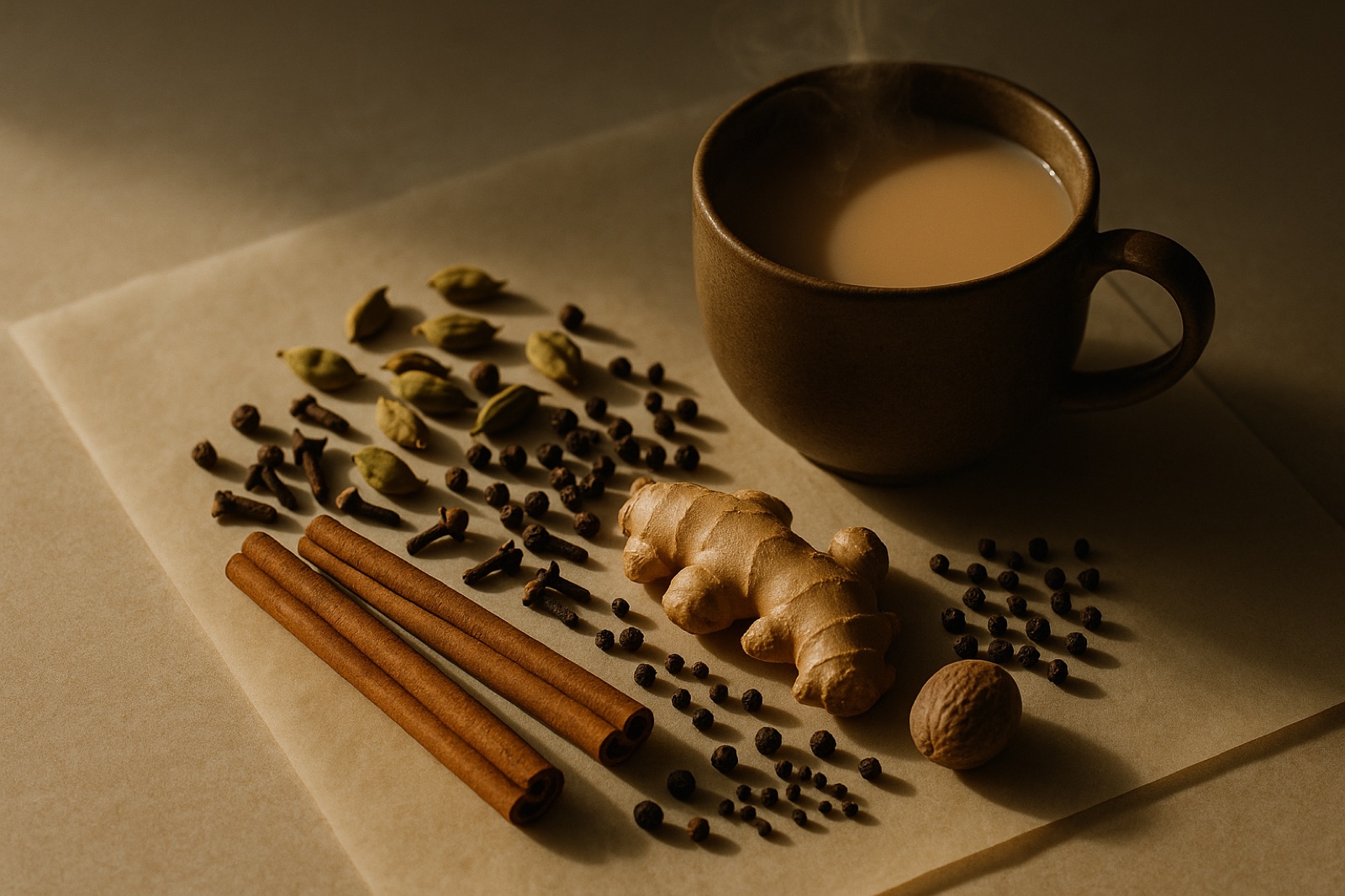 Whole chai spices beside a steaming cup