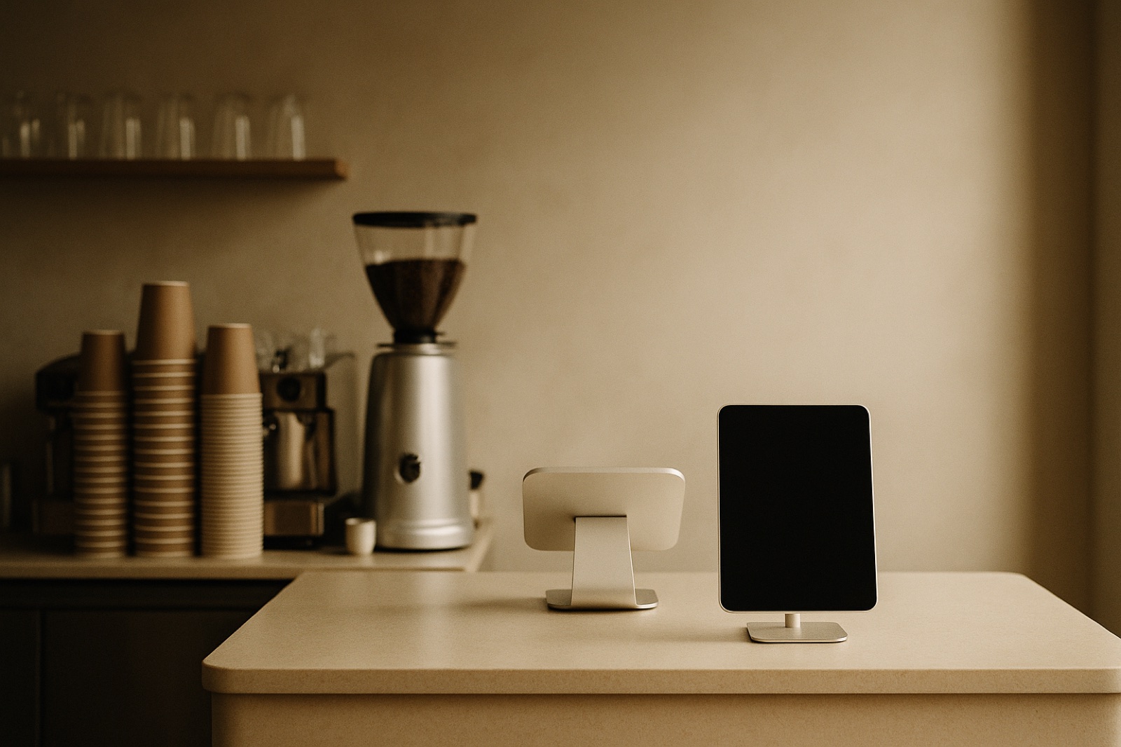 A bright modern cafe counter with a slim tablet on a stand near the register