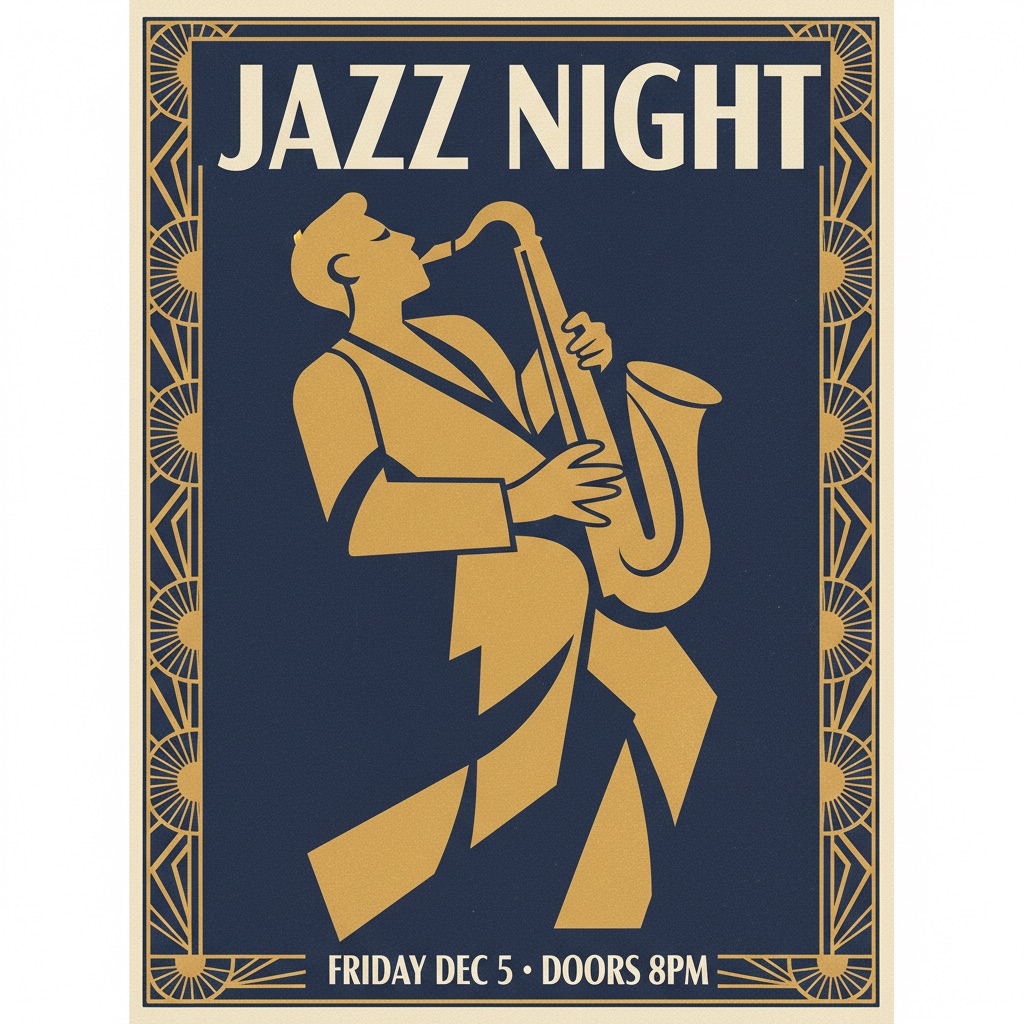 AI-generated concert poster by Gemini Flash with correct JAZZ NIGHT text and art deco design