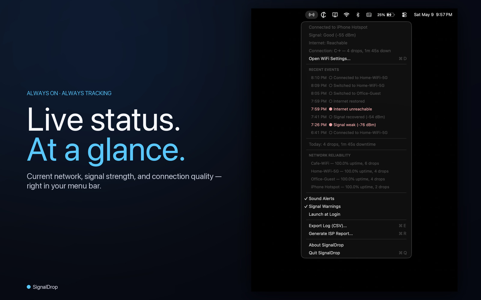 SignalDrop menu bar — live status